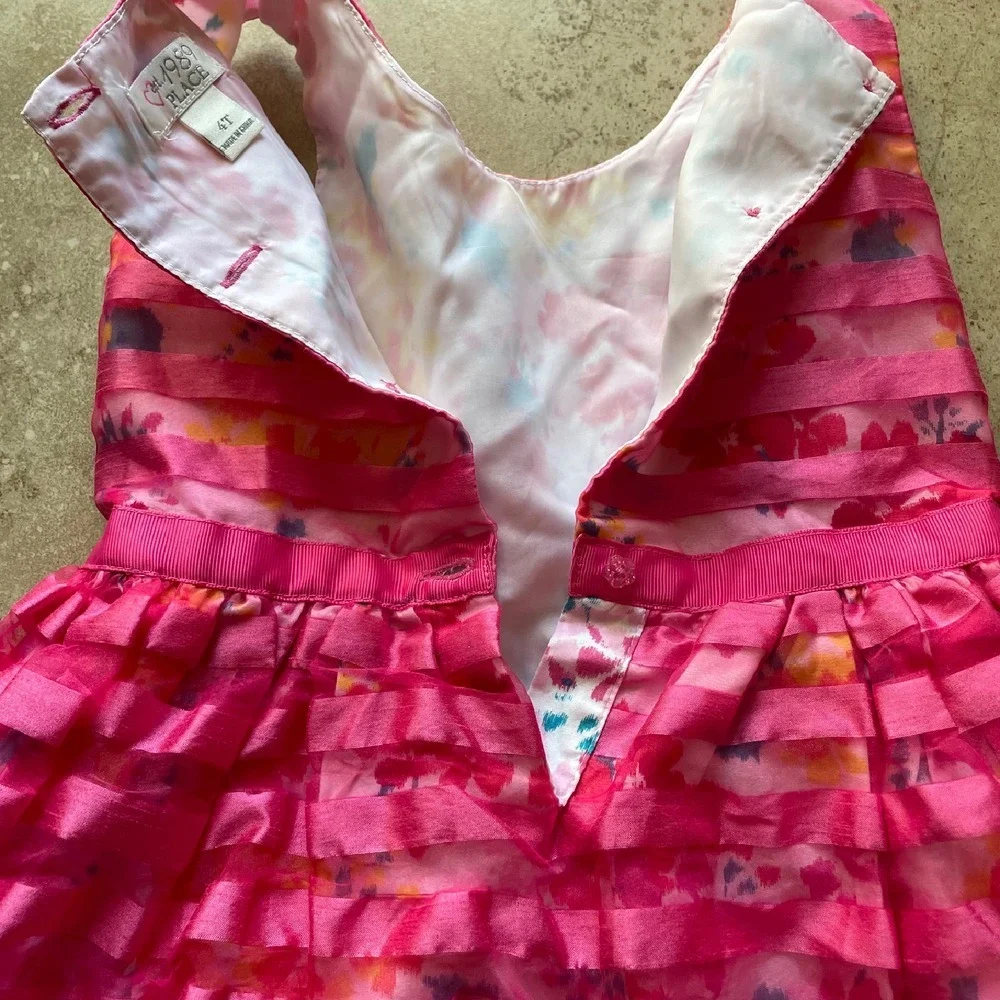 Children's Place 4T girls hot pink Party puffy‎ Dress Floral Ruffle Sleeveless